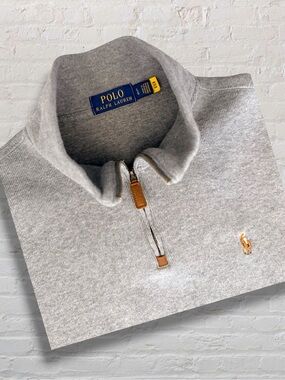 Polo Ralph Lauren Men Large Quarter Zip Pullover Sweater Gray Cotton Pony Logo